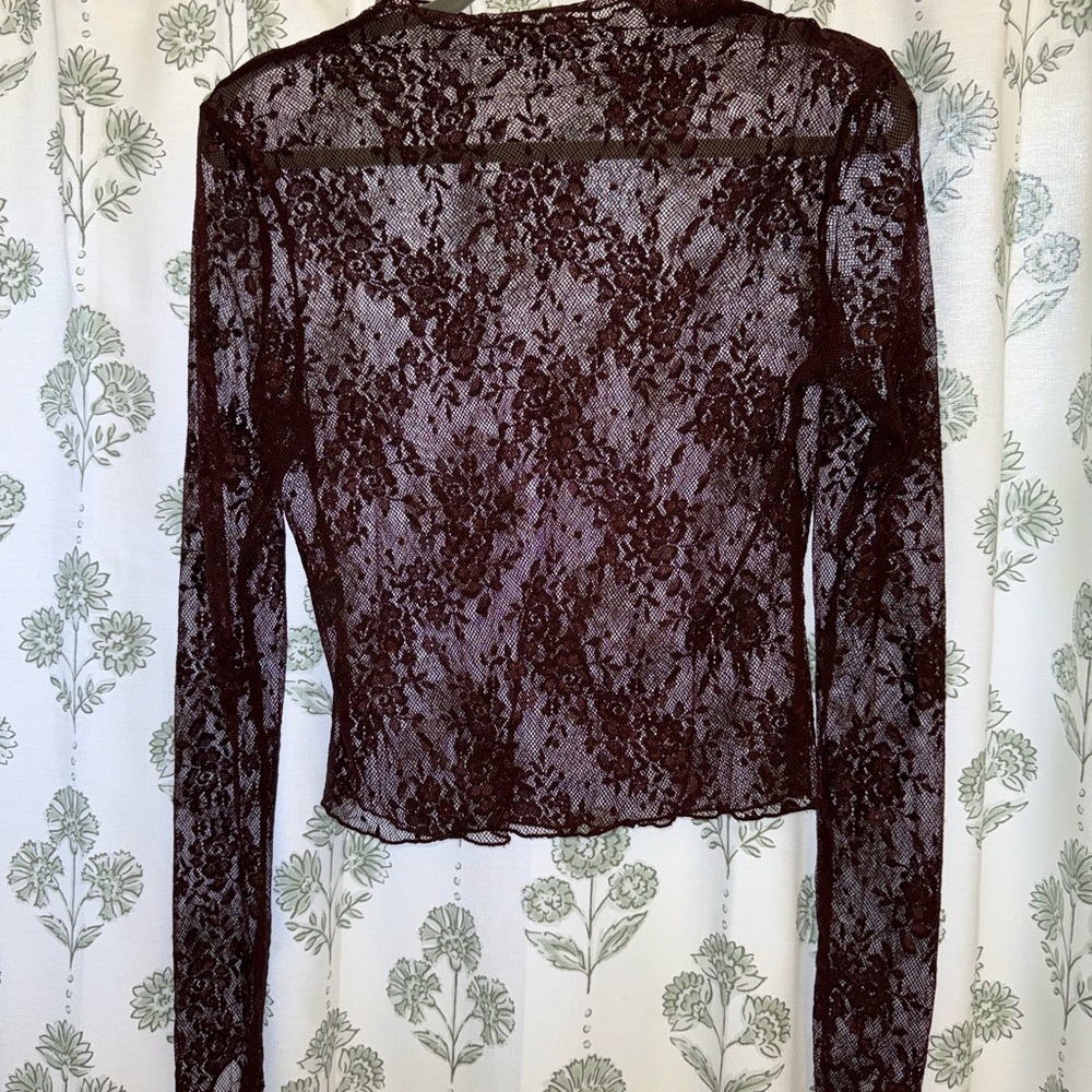 Sheer Floral Lace Long-Sleeve Top - Dark Brown